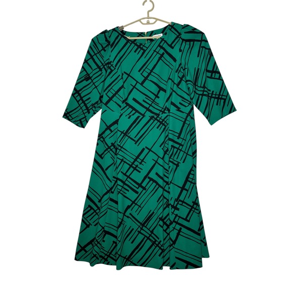 Calvin Klein Dress Womens Fit and Flare Dress 16W Green Geometric Midi Career - Picture 1 of 13